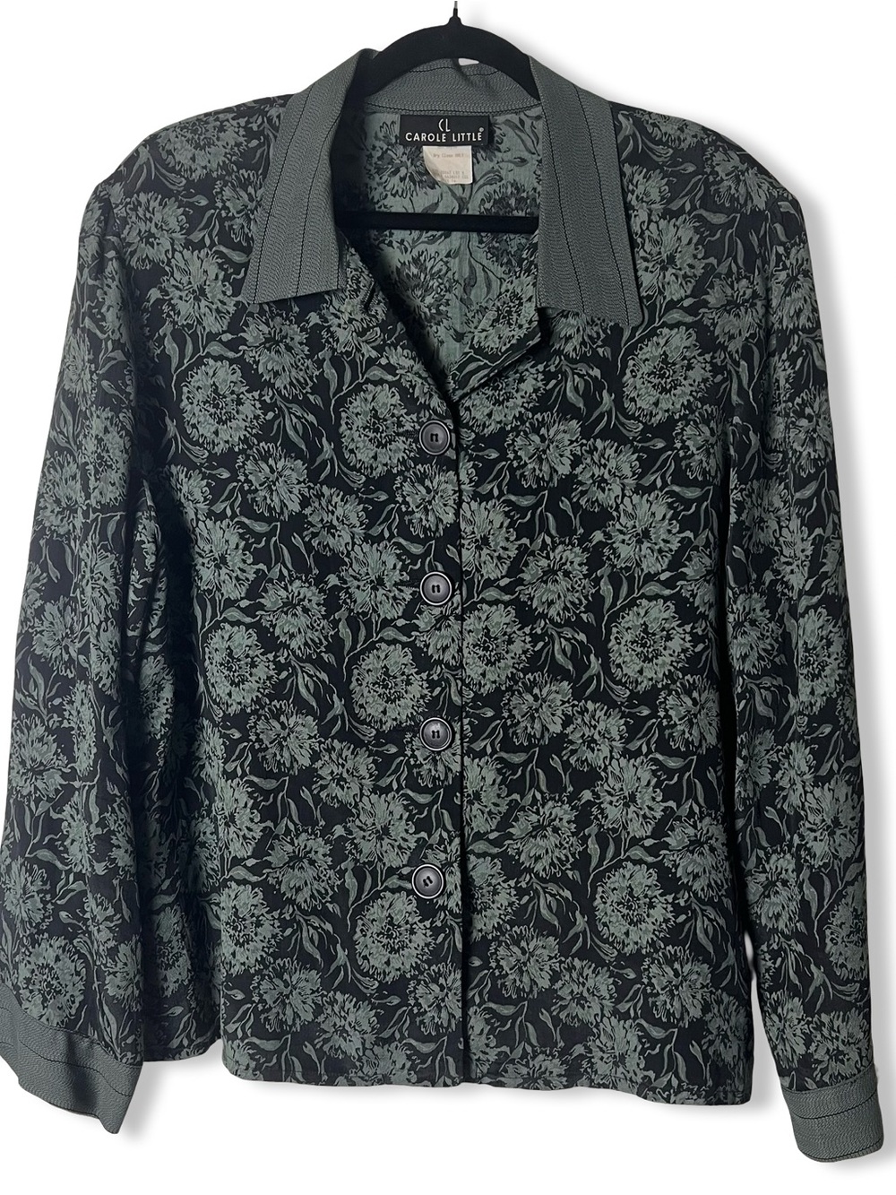 Carole Little Women’s Floral Button Down Blouse Black Sage Green Vintage Sz. 18‎
